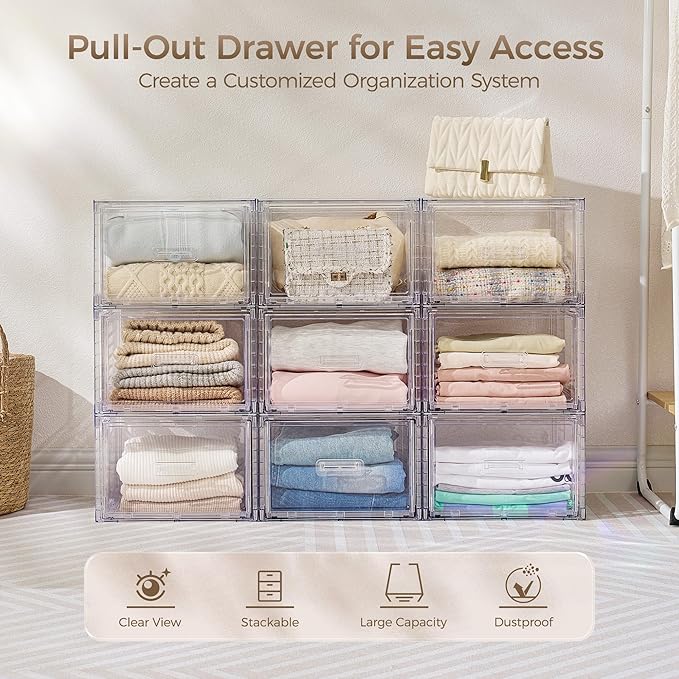 Vtopmart 6 Pack 18QT Clear Stackable Storage Drawers,Easily Assemble Closet Organizers,Plastic Storage Bins for Bathroom,Cabinet,Kitchen Pantry,Under Sink Organization(Medium)