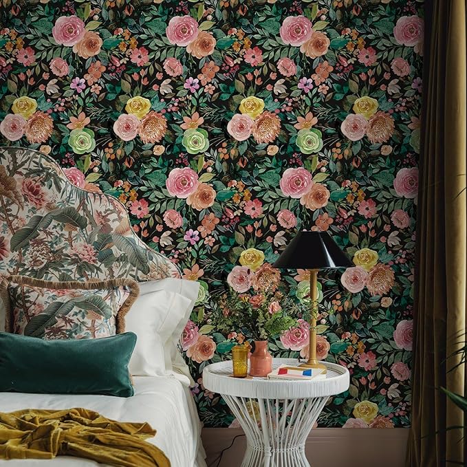 JiffDiff Floral Pattern Self-Adhesive Contact Paper, Oil and Water Resistant Drawer Liner Wallpaper for Dresser, Kitchen Cabinets, Dollhouse Walls, Arts & Crafts Decal(17.7" x 118.11",Black)