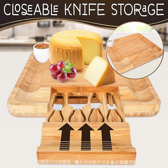 NutriChef Bamboo Natural Cheese Board Set with Bonus Condiment Cup-Extra Large Size 100% Home Organic Wooden Plate and Charcuterie Tray with 4 pcs Cutting Knife Slicer, 13" Square