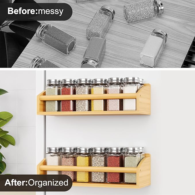 Mystozer 2 Pack Magnetic Spick Rack for Refrigerator, Fridge Organizer Shelf, Bamboo Wood