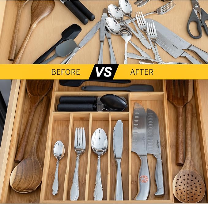 Liviys Cutlery Drawer Organizer for Kitchen Utensils, 13-20 Inches Expandable Bamboo Utensil Tray, Large Wooden Silverware Organizer Insert for Kitchen Drawers
