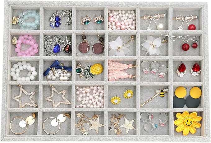 Stratalife Earring Organizer Stackable Jewelry Tray Removable Display Tray Organizer for Jewelry Necklace Earring Drawer Insert 30 Grid Grey