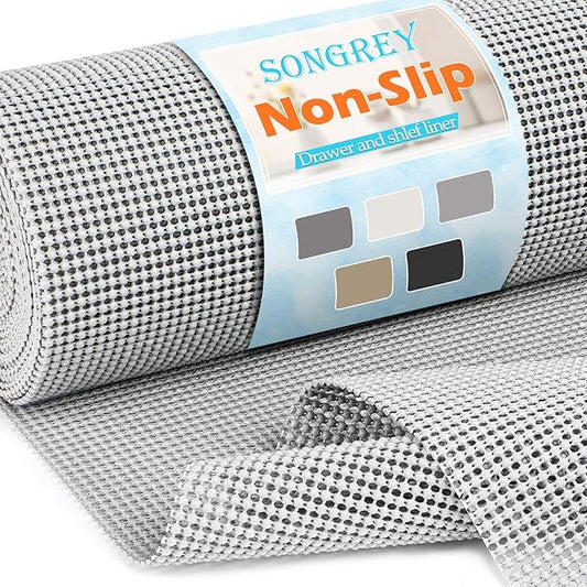 Songrey Non-Adhesive Drawer and Shelf Liner, Non Slip Cabinet Liners, Protect Kitchen Cupboard, Bathroom Drawers, Breathable, Thick Strong Grip mat (12IN x 10FT, Light Gray)