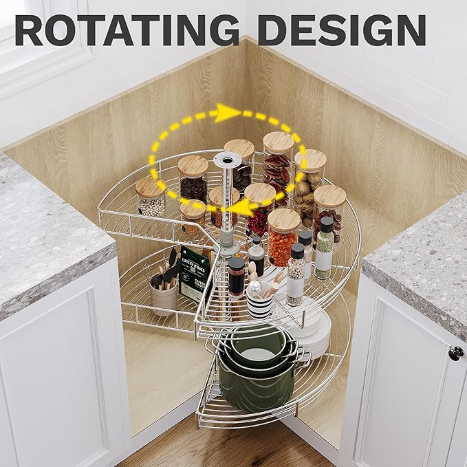 DWVO 28-Inch 2-Tier Lazy Susan Turnable for Cabinet, Rotating 2-Shelf Lazy Susan Corner Organizer with Adjustable Height for Kitchen Pantry, Chrome-Plated Double Spinning Corner Organizer, Silver