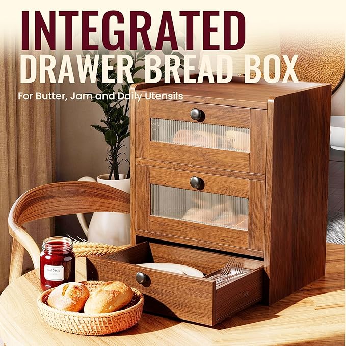 Bread Box for Kitchen Countertop, 3 Layer Farmhouse Countertop Bread Storage with Magnetic Closure Window Bread Storage Container Bin for Kitchen, Pantry (Brown)