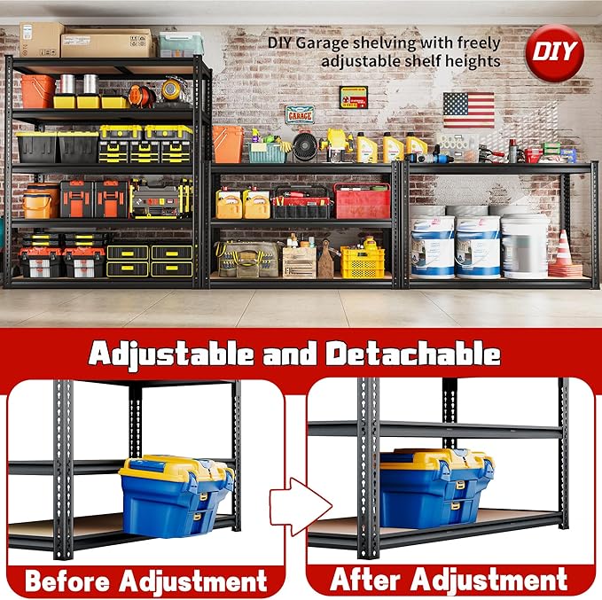 40" W Garage Shelving 2250LBS Storage Shelves Adjustable Metal Shelving 5 Tier Garage Utility Rack Shelf for Warehouse, Pantry, Closet, Kitchen 72.2" H x 40" W x 20" D, Black