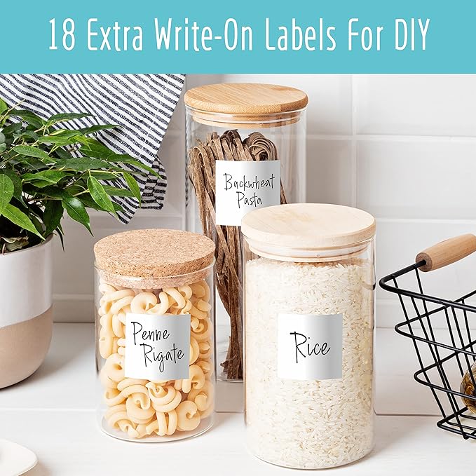 Hebayy 234 Minimalist Kitchen Food Labels, 216 Preprinted Flour Pasta Peas Condiment Oil Stickers, 18 Blank Ones, Waterproof Oil&Tear Resistant, No Residue for Pantry Food Containers Jars.