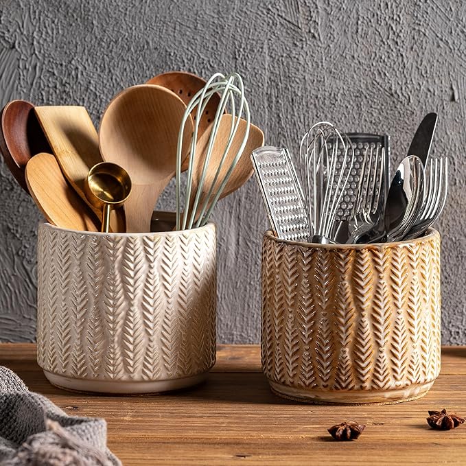 Utensil Holder Rustic Farmhouse Ceramic Utensil Crock for Countertop 5.3-Inch Handcrafted Kitchen Cooking Utensil Crocks with Cork Base Kitchen Decor Utensil Caddy(Pure White)