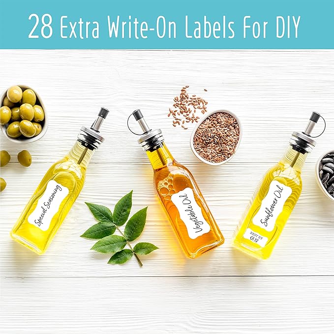 Hebayy 308 Pantry Food Labels, 280 Preprinted Flour Pasta Lentil Grain Condiment Oil Stickers, 28 Blank Ones, Waterproof Oil&Tear Resistant, No Residue for Kitchen Containers Jars(White on Black)