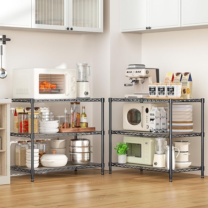 3-Tier Storage Shelves 795LBS Metal Shelving Unit, Adjustable Wire Rack Small Shelf Organizer with 3 Shelf Liners for Kitchen Pantry Office Bedroom Closet Garage 24" W x 14" D x 30" H Black
