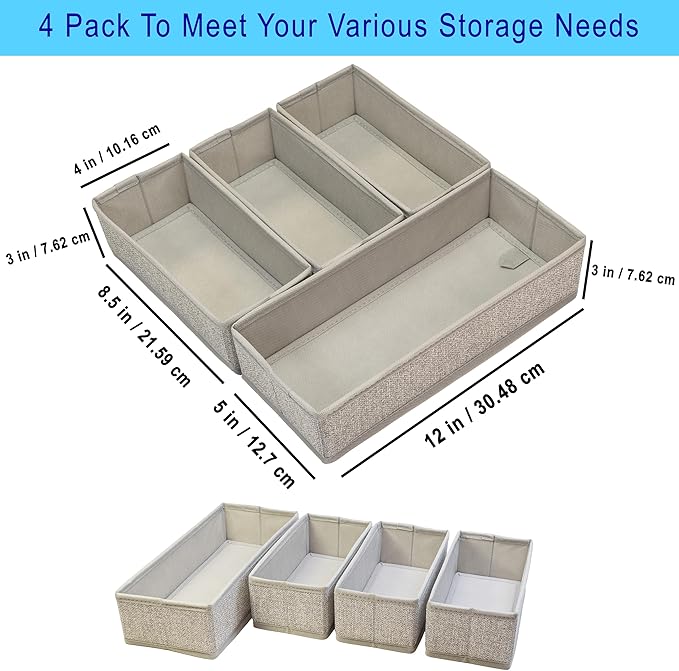 Drawer Organizer - 4-Piece Rigid Fabric Storage Bin Set - Fits Gallon, Quart and Sandwich Bags, Utensils & Silverware