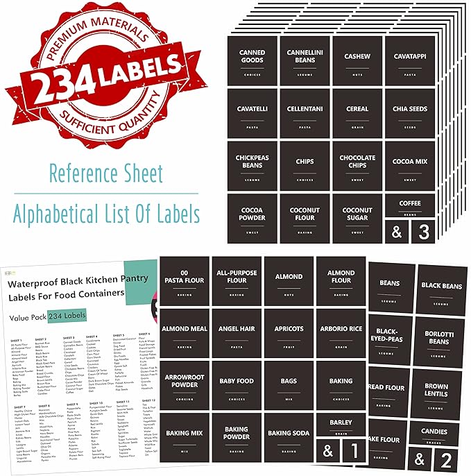 Hebayy 234 Minimalist Kitchen Food Labels, 216 Preprinted Flour Pasta Peas Condiment Oil Stickers, 18 Blank Ones, Waterproof Oil&Tear Resistant, No Residue for Pantry Food Containers Jars.