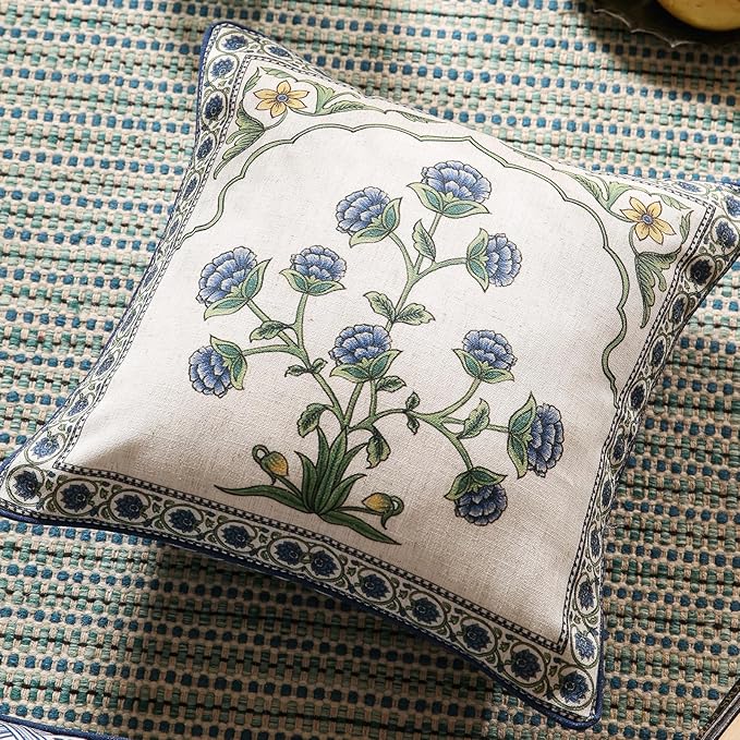 patdrea Designer Throw Pillow Covers,Blue Euro Elegant Linen with Blooming Floral Pattern Pillow Cover,Decorative Square Pillowcases Cushion for Bed Living Room Outdoor Car,18"x18"