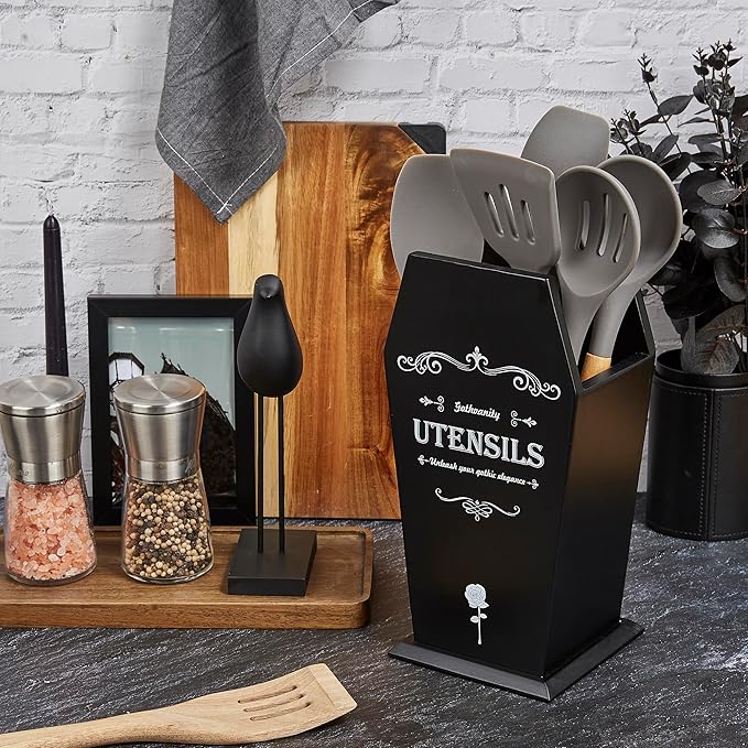 Gothic Coffin Utensil Holder - Large Stable Spooky Dark Aesthetic Kitchen Organizer, Wooden Black Kitchen Decor 12.5X8X5 Inches