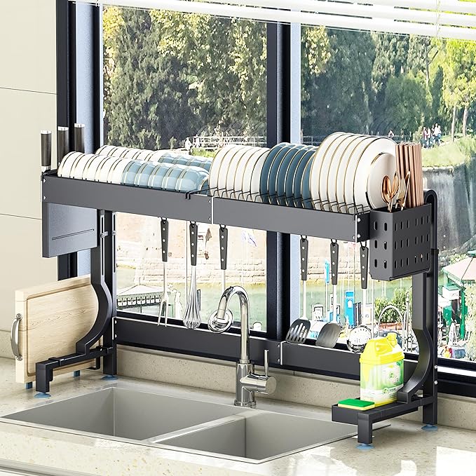 MINGLING Over Sink Dish Drying Rack Kitchen Dish Rack Over Sink Height & Width Adjustable Large Over Sink Dish Drainer Rack Full Stainless Steel (W21.2-37" ~ H18.5-22" Black)