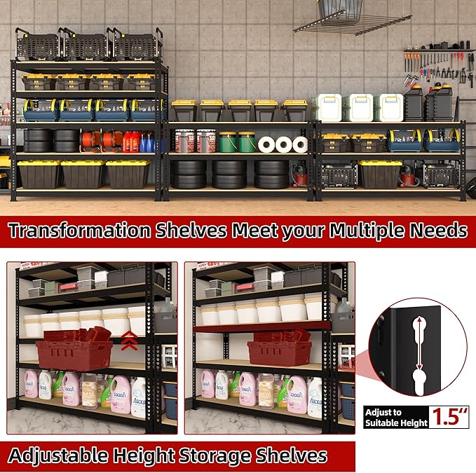 5 Tier Garage Storage Shelves - 48" W x 18" D x 71" H Heavy Duty Adjustable Shelving Unit, Metal Organizer Utility Rack for Basement, Pantry, Kitchen, Black, 3 PCS