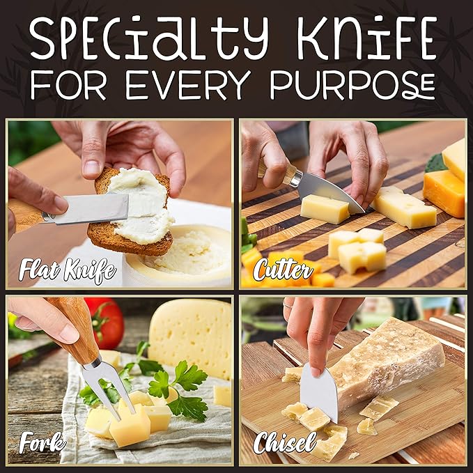 NutriChef Bamboo Natural Cheese Board Set with Bonus Condiment Cup-Extra Large Size 100% Home Organic Wooden Plate and Charcuterie Tray with 4 pcs Cutting Knife Slicer, 13" Square