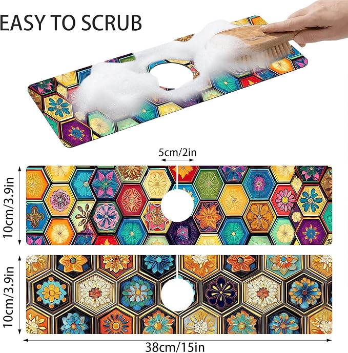 Bimkole 2 PCS Faucet Absorbent Mat, Kitchen Faucet Sink Splash Guard Wraparound Cloth Pads Drip Catcher for Sink Faucet for Kitchen Bathroom Faucet, Colorful Faucet Mat, 15 x 4 Inch Flower A7