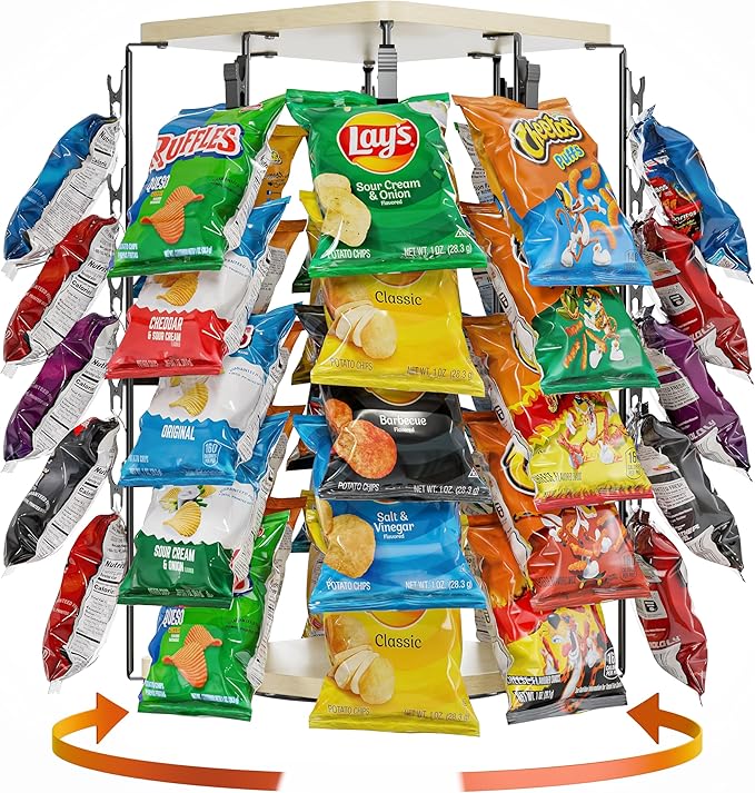 Funturbo Chip Rack Display Stand, 360°Rotating Chip Bag Holder with 5 Tiers 40 Clips, Snack Organizer for Countertop, Party, and Concession Stand