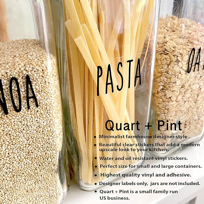 QUART + PINT 155 Kitchen Pantry Labels for Containers. Preprinted Clear Handwritten Stickers with Black Text. Waterproof Vinyl Stickers. Organization Labels for Jars Canisters & Home Storage Bins.