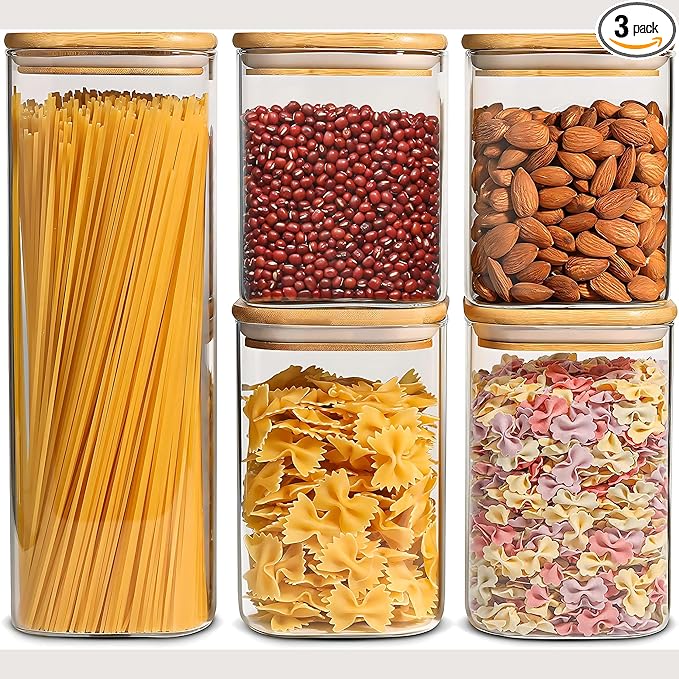 Glass Food Storage Jars Set of 5 with Bamboo Lid Airtight Glass Storage Canister, Square Kitchen Clear Food Storage Container Jar, for Pasta, Coffee, Cookies, Nuts, Cereal, Oats, Flour