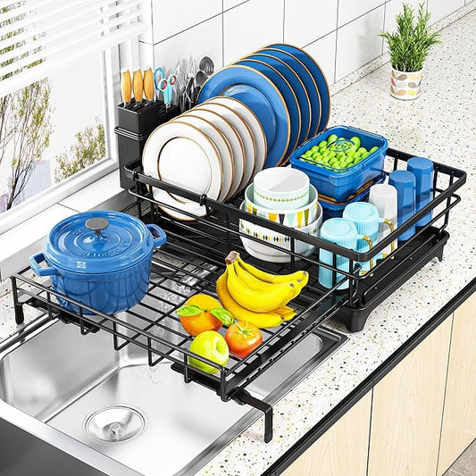 Storico Large Dish Drying Rack - Extendable Dish Rack, Dish Drainer for Kitchen Counter, Dish Drainer with Adjustable Support Legs & Utensil Holder, Black