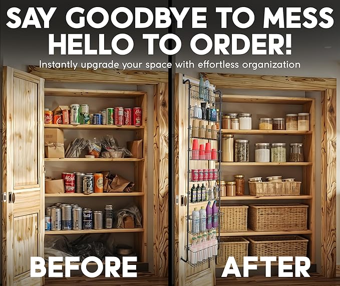 Over Door Organizer Storage - 8 Tier White Metal Over The Door Pantry Organizer Heavy Duty Hanging Storage Rack, Behind Cabinet Shelves for Home, Kitchen, Bathroom, Closet, Pantry
