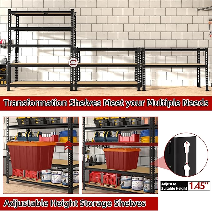 Heavy Duty Metal Storage Shelves - 35.5" W x 11.8" D x 72" H 5 Tier Adjustable Garage Shelving Unit, Industrial Utility Rack Shelf for Warehouse, Pantry, Kitchen, Black, 4 PCS