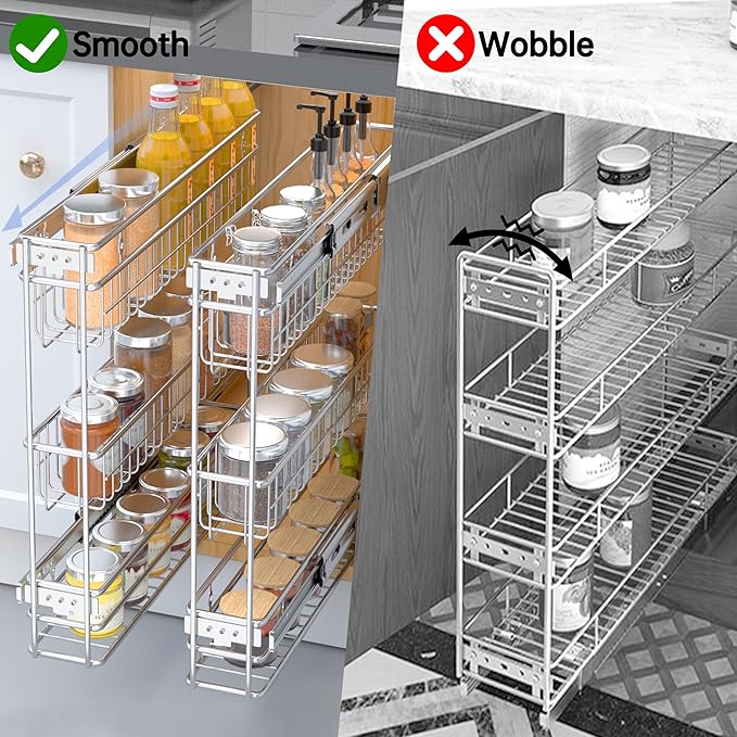 Narrow Pull Out Cabinet Organizer(4⅜" W x 18⅛" D),Pull Out Spice Rack, 3-Tier Side Mount Slide Out Spice Rack for Narrow Cabinet