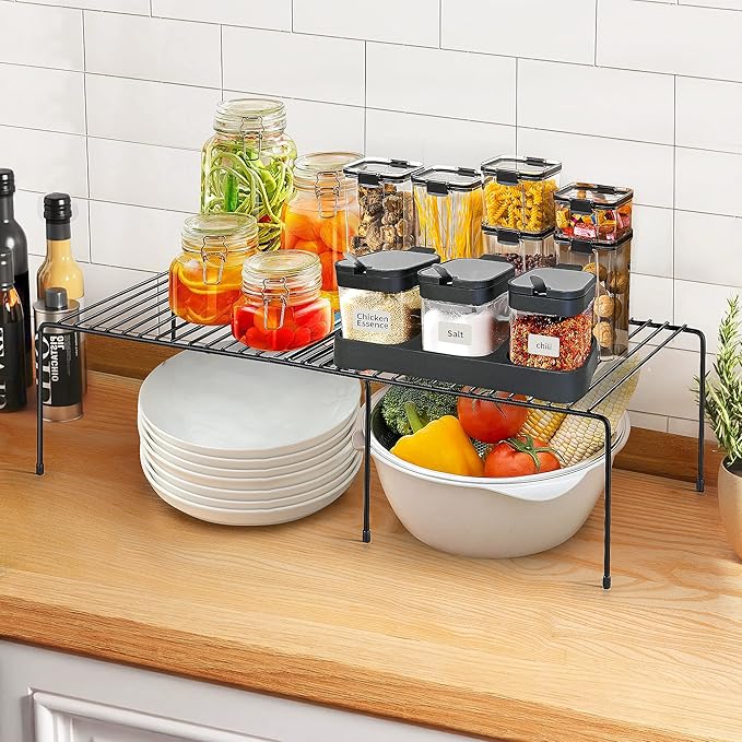Ravinte 1 Pack Freezer Shelf Organizer, Expandable Cabinet Storage Shelf with Rustproof Metal Wire, Adjustable Kitchen Cabinet Organizer Spice Rack for Frige, Pantry, Cupboard, Countertop - Black