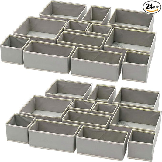 DIOMMELL Set of 24 Foldable Cloth Storage Box Closet Dresser Drawer Organizer Fabric Baskets Bins Containers Divider for Baby Clothes Underwear Bras Socks Lingerie Clothing,Grey 888