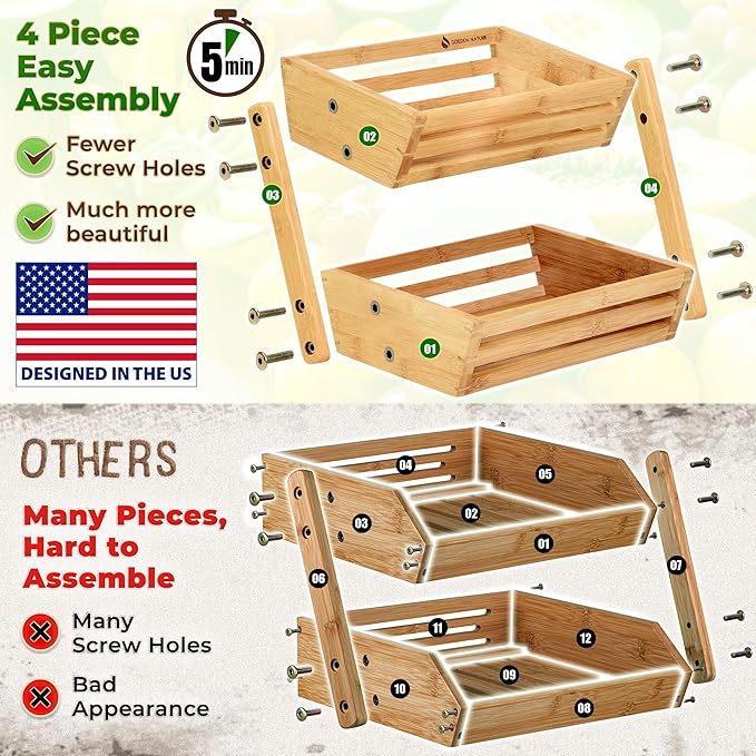 Fruit Basket - 2-Tier Bamboo Fruit & Vegetable Storage Organizer for Kitchen Counter - Gift Box Included - Lightweight & Easy Assembly - Countertop Stand Holder Bowl