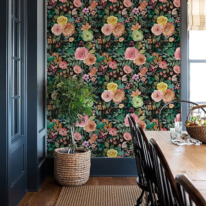 JiffDiff Dark Floral Peel and Stick Wallpaper 236.22" L x 17.7" W Black Watercolor Flower Wallpaper Wall Decor Wallcovering Wall Mural Cabinet