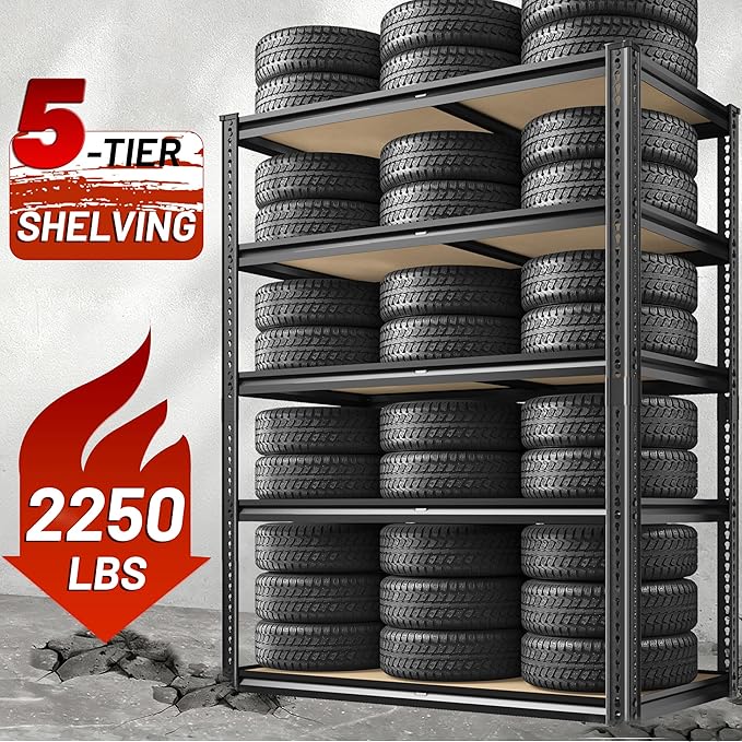 2250LBS Storage Shelves Heavy Duty 5 Tier Garage Storage Shelving, Adjustable Metal Shelving Unit Utility Rack Shelf for Warehouse, Pantry, Closet, 72" H x 35.56" W x 16" D, Black.2PCS