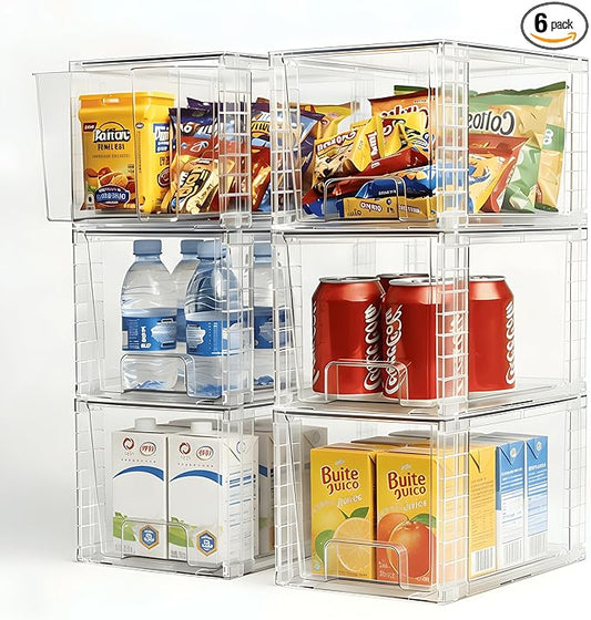 6 Pack Large Stackable Storage Drawers, Acrylic Bathroom Undersink Closet organizers and storage, Clear Plastic Bins for Pantry, Kitchen Cabinets, Makeup, Perfume, Baby Bottles, Medicine Organization