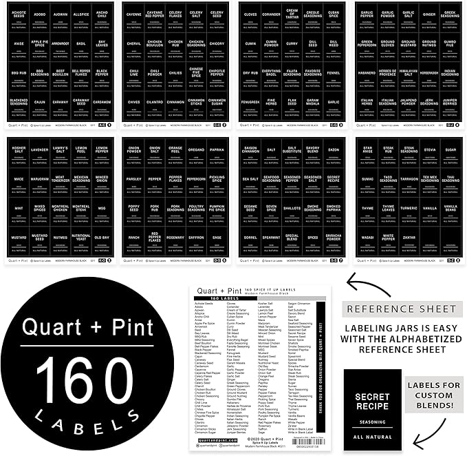 Quart + Pint 160 Spice Jar Labels: Minimalist Matte Black Sticker White Text. Waterproof Stickers. Organization for Jars Bottles Containers Bins. Storage Rack Systems for Kitchen & Pantry Labels.