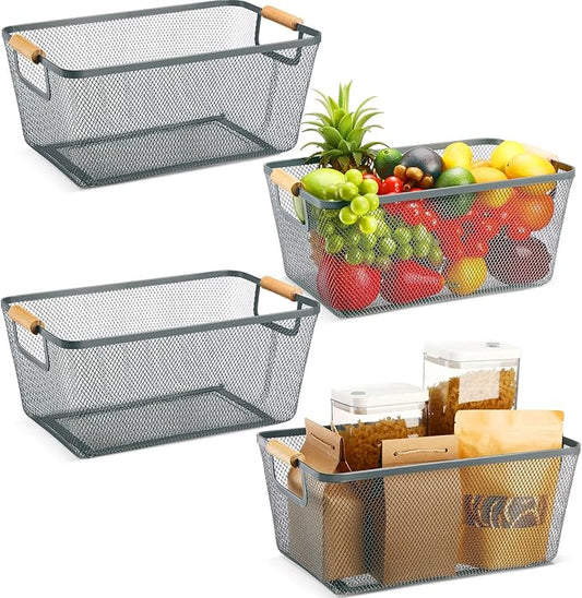 4 Pcs Metal Wire Basket with Wooden Handles Mesh Steel Storage Organizer Bin Containers for Home Organizing Cabinet Pantry Closet Kitchen Fridge Fruit Makeup Snacks Gifts(Large,Dark Gray)