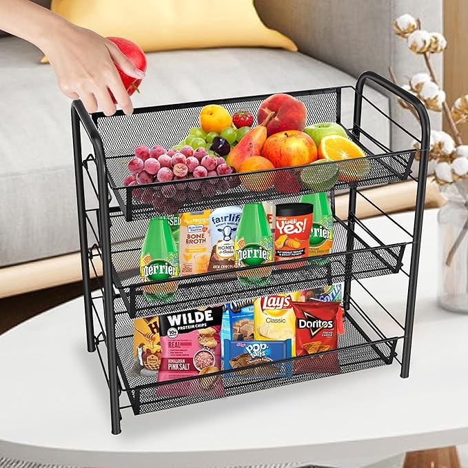 CVHOMEDECO. 3 Tier Fruit Basket Large Capacity Rectangular Metal Fruit Bowl Detachable Metal Fruit Stands Organizer for Kitchen Counter, Bread, Vegetable, Snack and Fruits. Black