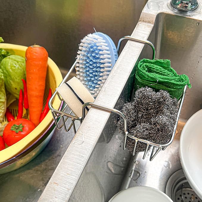 Stainless Steel Sponge Holder for Kitchen Sink - Never Rust Hanging Saddle Double for Soap Kitchen Sink Caddy 2.2 inch, Rustproof Organizer for Dishwashing and Brush Drying