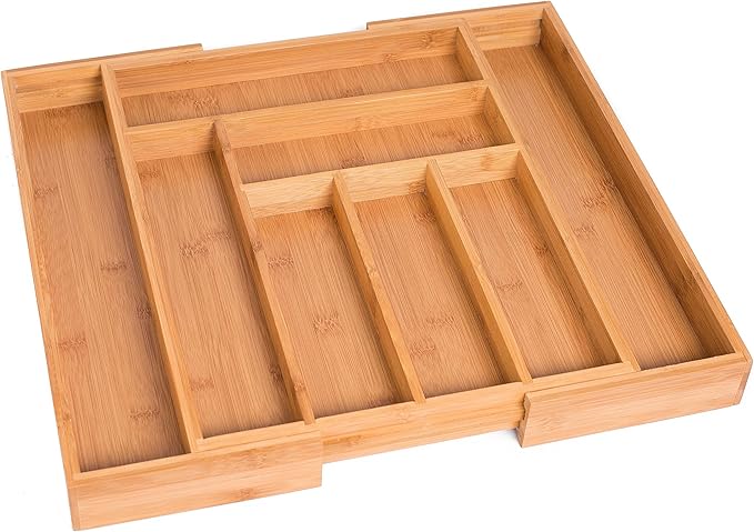 BIRDROCK HOME Bamboo Expandable Utility Drawer Organizer – Utensil Silverware – Spoon Knife Fork – 17.5 Inch – Large – Natural Wood – Tray – Adjustable Kitchen Organization
