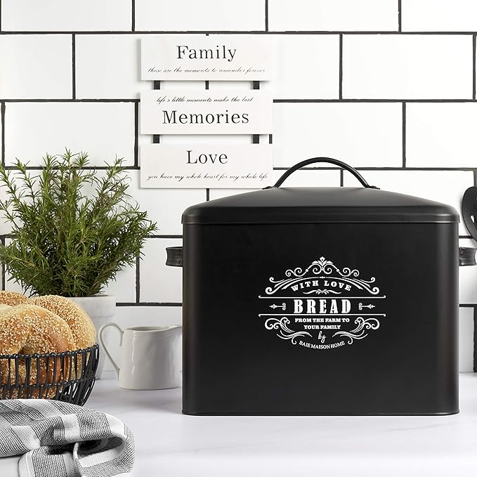Extra Large Black Bread Box - Holds 2+ Loaves, Counter Organizer for Farmhouse, Vintage, Rustic Kitchens