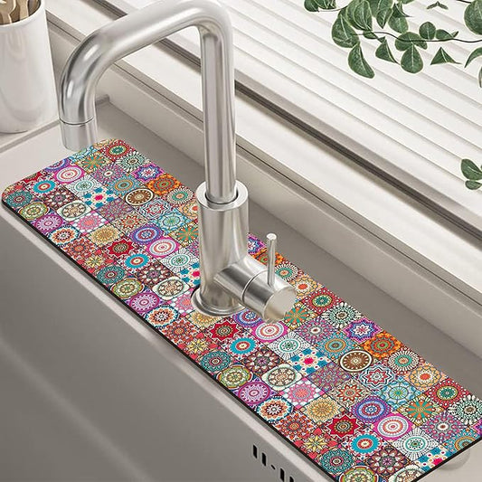 Vintage Boho Mandala Floral Kitchen Sink Splash Guard Mat Absorbent Fast Drying Mat Faucet Draining Mat Sink Splash Guard Behind Faucet Drip Catcher for Kitchen Bathroom 5.5"×24"