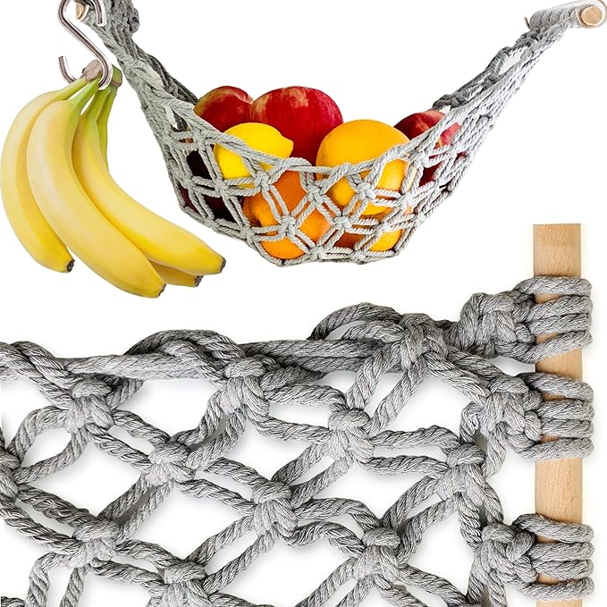 Fruit Hammock - Hanging Fruit Basket - Produce and Veggie Storage for Kitchen Under Cabinet - Banana Hook - Macrame Boho Modern (Grey)