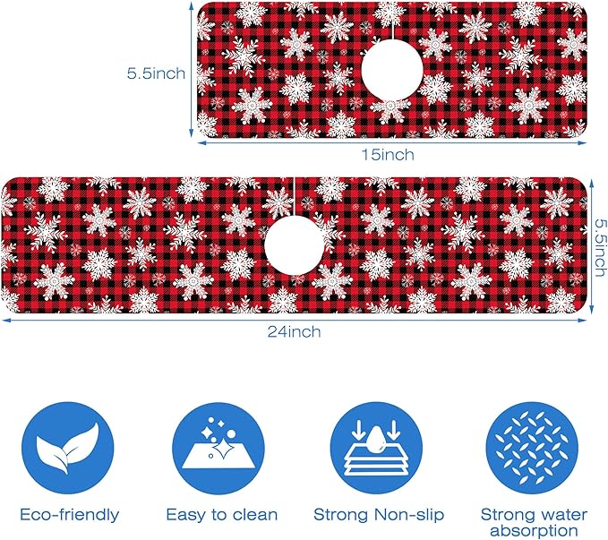Christmas Snowflake Kitchen Sink Splash Guard Mat Buffalo Plaid Absorbent Fast Drying Mat Faucet Draining Mat Sink Splash Guard Behind Faucet Drip Catcher for Kitchen Bathroom 5.5"×24"