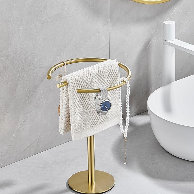 Hand Towel Holder Stand,13 Inch Free-Standing Towel Rack Brushed Gold, SUS304 Stainless Steel Towel Bar Rack Stand, Tower Bar for Bathroom Kitchen Vanity Countertop