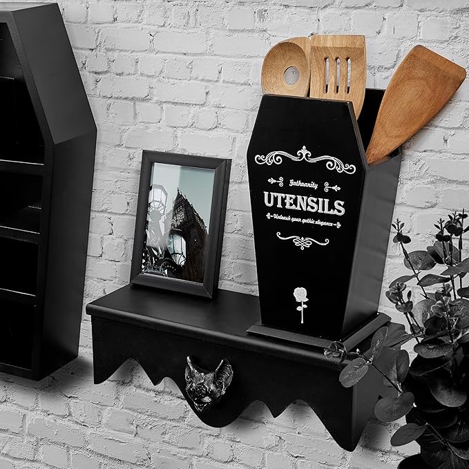 Gothic Coffin Utensil Holder - Large Stable Spooky Dark Aesthetic Kitchen Organizer, Wooden Black Kitchen Decor 12.5X8X5 Inches