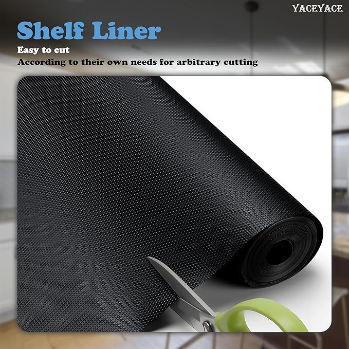 YACEYACE Drawer Liners for Kitchen Cabinets, Black 12” x 10 FT Shelf Liner Non Slip Waterproof Mat for Protection Table, Desk, Cupboard, Cabinets