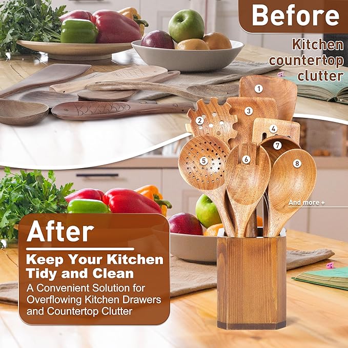 Kitchen Utensils Holder for Countertop: Wooden Utensil Crocks - Cooking Spoons Organizer