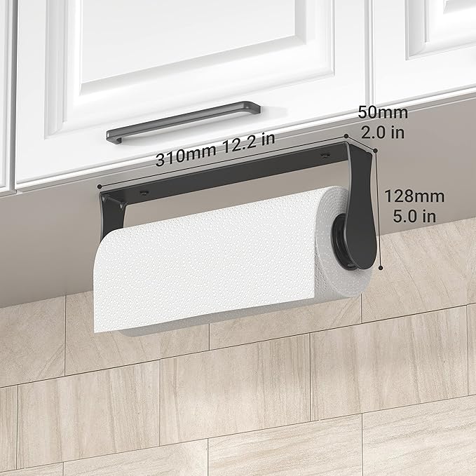 Paper Towel Holder Under Cabinet, Wall Mount, One-Handed Tear, Stainless Steel, Black, Paper Roll Holder with Kitchen Bathroom Farmhouse Essentials Decor Accessories