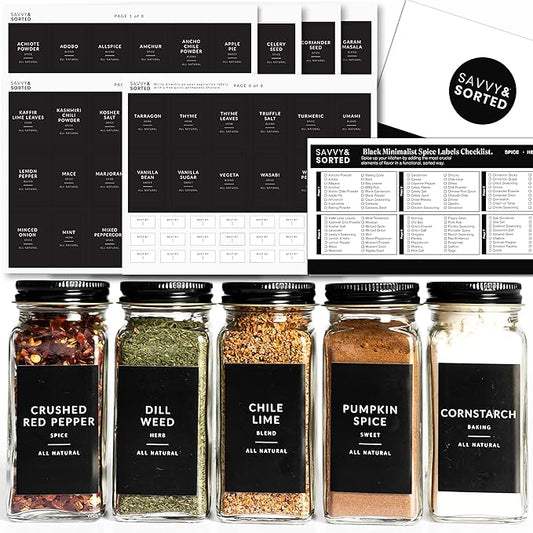 SAVVY & SORTED Black Spice Labels for Jars, 148 Preprinted Organizing Stickers Designed for Spices Storage Glass Bottles for Herbs Seasonings, Kitchen Pantry Organization